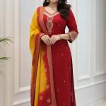 Berry Royale Silk Embroidered Kurta Set with Kanjivaram Dupatta