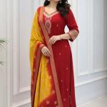 Berry Royale Silk Embroidered Kurta Set with Kanjivaram Dupatta