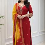 Berry Royale Silk Embroidered Kurta Set with Kanjivaram Dupatta