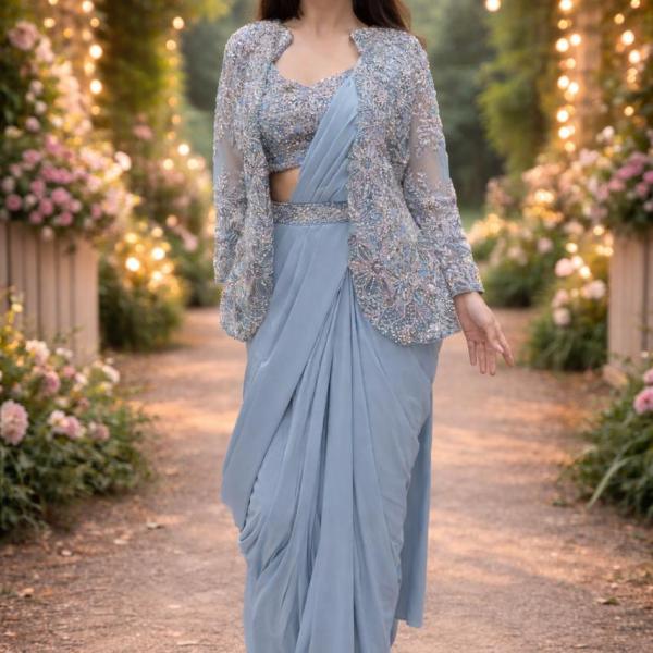 Zehra Crepe Silk Ready-to-Wear Saree with Embroidered Koti & Belt