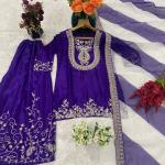Afiya Chinon Embroidered Kurti Palazzo Set with Digital Print Dupatta