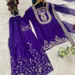 Afiya Chinon Embroidered Kurti Palazzo Set with Digital Print Dupatta