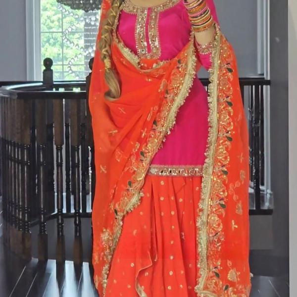 Noor Malay Silk Embroidered Top with Dhoti Skirt & Dupatta