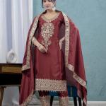 Noor Chinon Silk Embroidered Kurti Pant Set with Dupatta