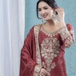 Noor Chinon Silk Embroidered Kurti Pant Set with Dupatta