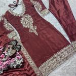Noor Chinon Silk Embroidered Kurti Pant Set with Dupatta