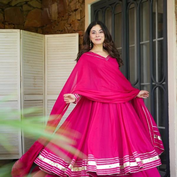 Faux Georgette Gota Patti Kurti Palazzo Set with Dupatta