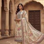 Cream Lilac Silk Embroidered Kurti Pant Set with Dupatta & Pearl Bracelet