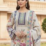 Cream Lilac Silk Embroidered Kurti Pant Set with Dupatta & Pearl Bracelet