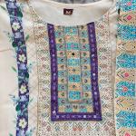 Cream Lilac Silk Embroidered Kurti Pant Set with Dupatta & Pearl Bracelet