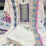Cream Lilac Silk Embroidered Kurti Pant Set with Dupatta & Pearl Bracelet
