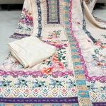 Cream Lilac Silk Embroidered Kurti Pant Set with Dupatta & Pearl Bracelet