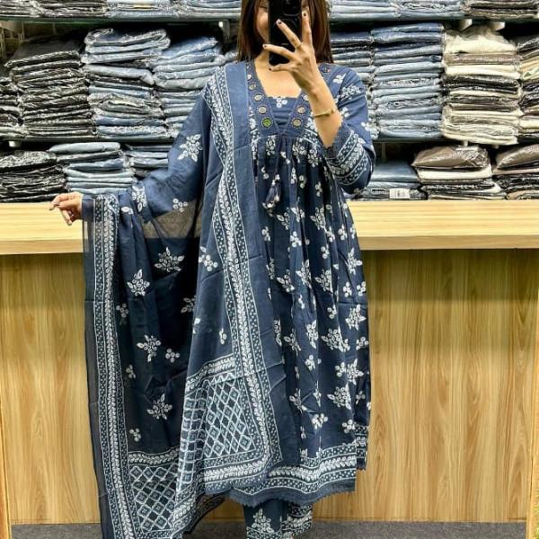 Cotton Floral Printed Kurti Pant Set with Dupatta