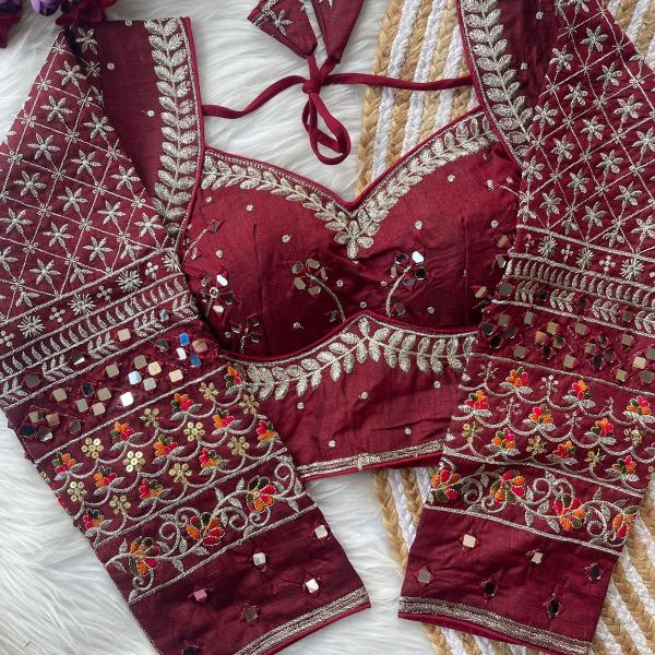 Navratri Special Multi Mirror Work Apple Cut Blouse – Gamthi Designer Vichitra Silk