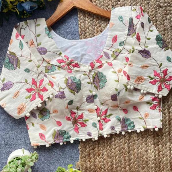 Designer Cambric Cotton Embroidered Blouse – Padded & Custom Dyeable