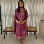 Crepe Silk Embroidered Long Kurti Pant Set with Dupatta (MC)