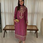 Crepe Silk Embroidered Long Kurti Pant Set with Dupatta (MC)