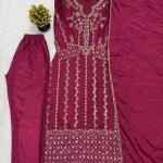 Crepe Silk Embroidered Long Kurti Pant Set with Dupatta (MC)