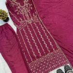 Crepe Silk Embroidered Long Kurti Pant Set with Dupatta (MC)