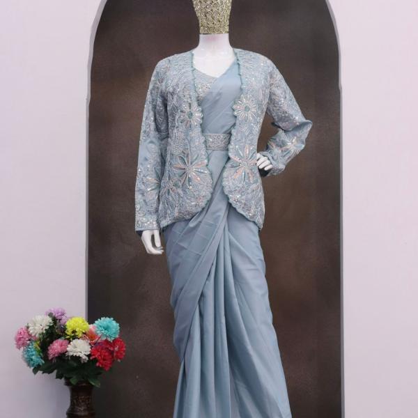 Crepe Silk Ready-to-Wear Saree with Embroidered Jacket & Belt (BB)