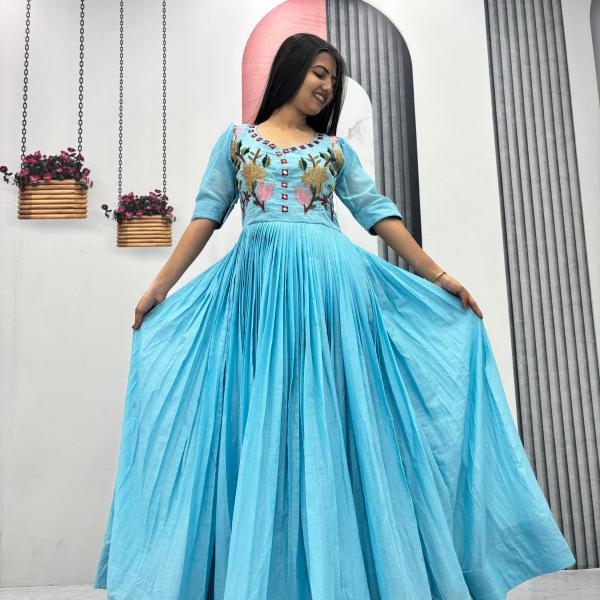 Prisha Mal Cotton Hand Mirror Work Embroidered Gown