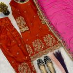 Zarmina Fandy Crush Silk Embroidered Kurti with Farshi Salwar & Dupatta (MF)