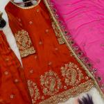 Zarmina Fandy Crush Silk Embroidered Kurti with Farshi Salwar & Dupatta (MF)