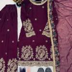 Zarmina Fandy Crush Silk Embroidered Kurti with Farshi Salwar & Dupatta (MF)