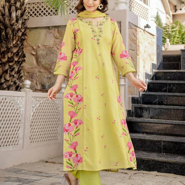 Chanderi Silk Butti Embroidered Kurti Pant Set with Dupatta (anant)