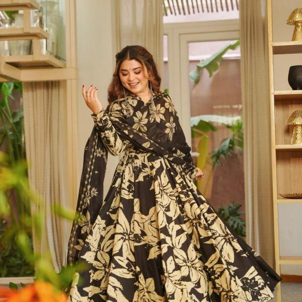 Saanvi Maslin Cotton Digital Print Anarkali Suit Set with Chiffon Dupatta (MF)