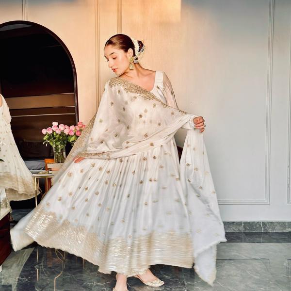 Chinon Silk Embroidered Gown Pant Set with Dupatta (wl)