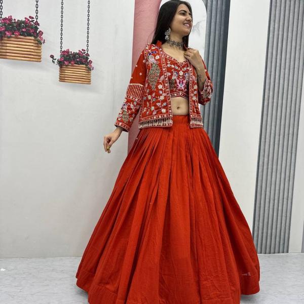 Designer Vichitra Silk Crop Top Lehenga Set with Jacket & Belt (PC)