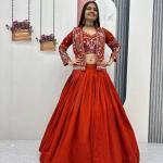Designer Vichitra Silk Crop Top Lehenga Set with Jacket & Belt (PC)