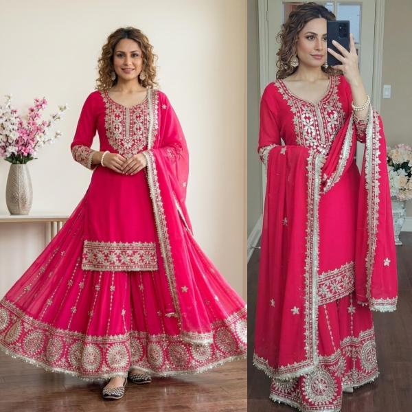 Designer Faux Georgette Embroidered Top Sharara Set with Dupatta (ND)