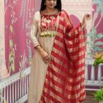 Designer Roman Fabric A-Line Kurti Set with Flared Pant & Dupatta (PC)