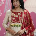 Designer Roman Fabric A-Line Kurti Set with Flared Pant & Dupatta (PC)