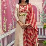 Designer Roman Fabric A-Line Kurti Set with Flared Pant & Dupatta (PC)