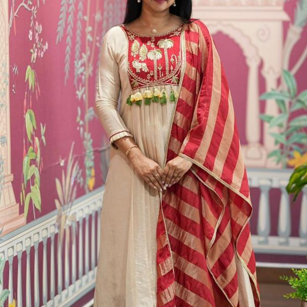Designer Roman Fabric A-Line Kurti Set with Flared Pant & Dupatta (PC)