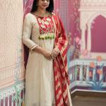 Designer Roman Fabric A-Line Kurti Set with Flared Pant & Dupatta (PC)