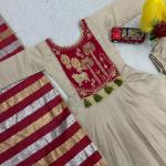 Designer Roman Fabric A-Line Kurti Set with Flared Pant & Dupatta (PC)