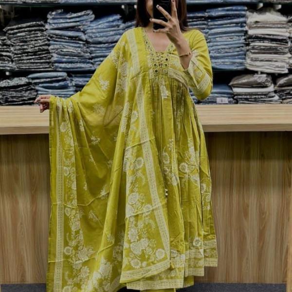 Cotton Printed Kurti Pant Dupatta Set(AD)