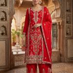 Heavy Chinon Silk Embroidered Kurti Palazzo Set with Dupatta