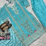 Heavy Chinon Silk Embroidered Kurti Palazzo Set with Dupatta