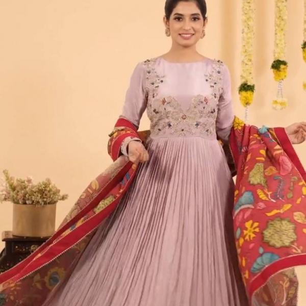 Designer Chinon Embroidered Gown with Kalamkari Dupatta (PC)