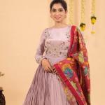 Designer Chinon Embroidered Gown with Kalamkari Dupatta (PC)