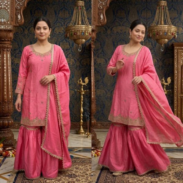 Designer Chinon Silk Moti Work Sharara Set with Dupatta (MD)