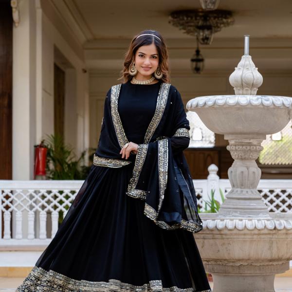 Black Faux Blooming Embroidered Gown with Dupatta (RR)