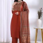 Rayon Slub Printed Kurti Pant Dupatta Set (AN)