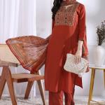 Rayon Slub Printed Kurti Pant Dupatta Set (AN)