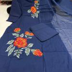 Rose Embroidery Jaipuri Cotton Kurti Pant Dupatta Set (AD)